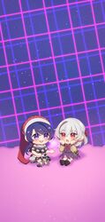  2girls :o absurdres bangs black_capelet blue_eyes blue_hair blush blush_stickers bow bowtie braid capelet chibi doremy_sweet dream_soul dream_world_(touhou) dress eyelashes french_braid hair_ribbon highres kishin_sagume long_sleeves multiple_girls open_mouth pom_pom_(clothes) purple_dress red_bow red_bowtie red_eyes red_ribbon ribbon sakikagami short_hair silver_hair tail tapir_tail touhou white_footwear 