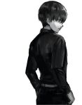  1boy ass belt black_reaper closed_mouth from_behind grey_background greyscale kaneki_ken long_sleeves male_focus monochrome pants shiromi_(ringo) shirt shirt_tucked_in short_hair simple_background solo tokyo_ghoul 