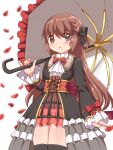  1girl bow brown_eyes brown_hair character_request cougar_(cougar1404) dress frills long_hair looking_at_viewer petals ribbon simple_background skirt solo thigh-highs umbrella 