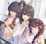 3girls ahoge alternate_costume beer_can black_bra black_hair blue_eyes bra braid breasts brown_hair can drunk epaulettes fusou_(kancolle) hair_flaps hair_ornament hair_over_shoulder heart highres himeyamato holding holding_can kantai_collection long_hair long_sleeves medium_breasts multiple_girls navel open_clothes open_shirt red_eyes shigure_(kancolle) shigure_kai_ni_(kancolle) shirt short_hair single_braid squiggle underwear white_bra white_shirt yamashiro_(kancolle) yukikaze_(kancolle)