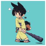  1girl :t animal_ears bangs black_hair blue_background blush brown_footwear closed_mouth club_(weapon) commentary_request eyebrows_visible_through_hair fox_ears fox_girl fox_tail full_body green_kimono holding holding_weapon japanese_clothes kanabou kimono kitsune kukuri_(mawaru) long_sleeves mawaru_(mawaru) obi original pout sash short_hair solo standing tail v-shaped_eyebrows violet_eyes weapon wide_sleeves zouri 