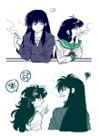  ... 1boy 2girls against_railing age_comparison bangs between_fingers blunt_bangs bored cigarette contemporary eye_contact hand_on_own_chin hand_up highres higurashi_kagome holding holding_cigarette inuyasha inuyasha_(character) jungyun99 kikyou_(inuyasha) long_hair long_sleeves looking_at_another looking_away low_ponytail multiple_girls multiple_views open_mouth pointing ponytail profile railing school_uniform scolding serafuku sidelocks sideways_glance simple_background skull_and_crossbones smoke smoking spoken_ellipsis spoken_object spoken_skull squiggle sweatdrop upper_body white_background 