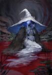  1girl absurdres blood blue_eyes blue_skin cape cloak colored_skin dress elden_ring extra_arms fur_cape fur_cloak hat highres large_hat one_eye_closed partially_submerged ranni_the_witch robe sitting white_dress witch witch_hat yawei_cao 