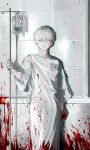  1boy blackbox_(blackbox9158) blood blood_on_clothes blood_on_face blood_on_hands blood_on_wall blood_splatter child expressionless hospital_gown intravenous_drip korean_commentary looking_at_viewer male_focus name_tag original solo white_hair yellow_eyes 