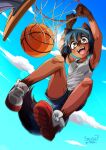  1girl :d animal_ears armpits artist_name ball basketball basketball_hoop black_hair blue_hair blue_shorts blue_sky bob_cut body_fur brand_new_animal clouds commentary dark-skinned_female dark_skin dated fangs furry furry_female jumping kagemori_michiru lens_flare multicolored_hair open_mouth outdoors raccoon_ears raccoon_girl raccoon_tail red_eyes shoes short_hair shorts sky smile sneakers solo stalkingp sun sweat tail tank_top teeth two-tone_hair upper_teeth white_tank_top 