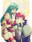  1boy 1girl armor bangs blue_eyes blue_hair blush breastplate cape closed_eyes eirika_(fire_emblem) fingerless_gloves fire_emblem fire_emblem:_the_sacred_stones gloves holding_hands long_hair nishimura_(nianiamu) redhead seth_(fire_emblem) short_hair short_sleeves shoulder_armor skirt thigh-highs zettai_ryouiki 