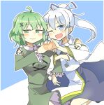  2girls :d ahoge bangs black_skirt blue_background blush closed_mouth dress eyebrows_visible_through_hair green_dress green_eyes grey_eyes grey_hair heart heart_hands_failure japanese_clothes juliet_sleeves kariginu long_hair long_sleeves looking_at_viewer matsu_kitsune mononobe_no_futo multiple_girls open_mouth pom_pom_(clothes) ponytail puffy_sleeves short_hair skirt smile soga_no_tojiko sweatdrop thumbs_up touhou v-shaped_eyebrows wide_sleeves 