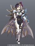  1girl armor belt cape clock energy full_body gears gradient gradient_background grey_background grimms_notes mecha_paracelsus official_art open_mouth purple_hair ribbon sakanahen short_hair smile solo yellow_eyes 