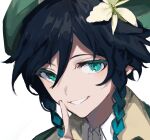  1boy aqua_hair beret black_hair braid finger_to_mouth flower genshin_impact gradient_hair green_headwear hat hat_flower looking_at_viewer multicolored_hair portrait shushing side_braids simple_background smile solo symbol-only_commentary twin_braids two-tone_hair ueauwa venti_(genshin_impact) white_background white_flower 