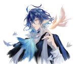  1boy ahoge arknights ascot black_choker blue_ascot blue_hair blue_jacket choker fish grey_eyes hand_up highres infection_monitor_(arknights) jacket long_sleeves looking_at_viewer lumen_(arknights) male_focus messy_hair parted_lips pointy_ears short_hair simple_background solo white_background yunluo 