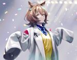  1girl absurdres agnes_tachyon_(umamusume) ahoge animal_ears bangs brown_hair chemical_structure collared_shirt commentary_request confetti earrings hair_between_eyes highres horse_ears horse_girl jewelry labcoat looking_at_viewer messy_hair mikedate necktie orange_eyes outstretched_arms oversized_clothes pen raised_eyebrows shirt short_hair short_necktie single_earring sleeves_past_fingers sleeves_past_wrists smile solo stage_lights sweat sweater umamusume upper_body w_arms yellow_sweater 