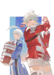  1boy 1girl ahoge alisaie_leveilleur alphinaud_leveilleur bangs blue_eyes book book_stack brother_and_sister carrying earrings elezen elf final_fantasy final_fantasy_xiv fingerless_gloves gloves hair_ribbon jacket jewelry lmj961106 long_hair looking_at_viewer pointy_ears ribbon shorts siblings silver_hair thigh-highs 