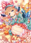  1girl bird blonde_hair blue_eyes blush bow food frills fruit hair_ornament holding holding_food holding_fruit hood hoodie looking_at_viewer lying on_side orange_(fruit) original polka_dot polka_dot_bow skirt solo star_(symbol) star_print striped striped_legwear tareme zenyu 