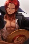  1boy abs black_cape blue_eyes cape commentary hat highres oekakiboya one_piece redhead scar scar_across_eye scar_on_face serious shanks shirt short_hair simple_background solo standing straw_hat white_shirt 