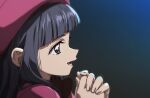  1girl :d artist_request bangs black_hair blue_eyes blunt_bangs blurry blurry_foreground cardcaptor_sakura commentary_request daidouji_tomoyo from_side hat holding holding_camcorder long_hair long_sleeves looking_at_viewer non-web_source open_mouth own_hands_together skirt smile solo source_request teeth upper_body upper_teeth white_headwear white_skirt wrist_cuffs 