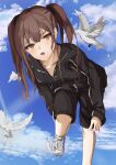  1girl bangs bird black_jacket black_shorts blue_sky blush breasts brown_eyes brown_hair collarbone eyebrows_visible_through_hair highres jacket jersey long_hair looking_at_viewer open_mouth original pigeon shoes shorts sky sneakers solo spxn7787 standing standing_on_one_leg track_jacket track_suit twintails white_footwear 