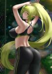  absurdly_long_hair absurdres armpits arms_up ass back bare_shoulders black_bra black_pants blush bra breasts closed_mouth covered_nipples cowboy_shot elsword eyebrows_visible_through_hair forest from_behind green_eyes green_hair highres jixo_(user_nzhc8728) large_breasts light_green_hair long_hair looking_at_viewer looking_back nature outdoors pants pointy_ears ponytail rena_erindel shoulder_blades sideboob sidelocks skin_tight skindentation sports_bra sportswear sweat tight tight_pants tying_hair underwear very_long_hair 