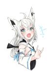  1girl \n/ ahoge animal_ears blue_eyes braid detached_sleeves fox_ears fox_girl from_side hololive long_hair looking_at_viewer low-tied_long_hair open_mouth shirakami_fubuki side_braid smile solo tenbin_gashira virtual_youtuber white_background white_hair 