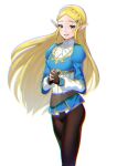  1girl ameno_(a_meno0) blonde_hair breasts fingerless_gloves gloves green_eyes long_hair looking_at_viewer open_mouth pantyhose pointy_ears princess_zelda small_breasts smile solo the_legend_of_zelda the_legend_of_zelda:_breath_of_the_wild very_long_hair white_background 