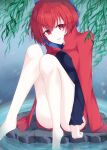  1girl :d absurdres bare_legs barefoot black_shirt blue_bow bow breasts cape cloak donnon08 hair_bow high_collar highres knees_together_feet_apart knees_up long_sleeves looking_at_viewer medium_breasts miniskirt open_mouth outdoors red_cape red_cloak red_eyes red_skirt redhead ripples sekibanki shirt short_hair sitting skirt smile soaking_feet solo thighs touhou water 