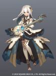  1girl breasts curly_(grimms_notes) dark_skin dress full_body gradient gradient_background green_eyes grey_background grimms_notes guitar hair_ornament instrument long_hair official_art sakanahen skirt solo weapon white_hair 