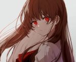  1girl ascot bangs brown_hair expressionless face grey_background ib ib_(ib) long_hair looking_at_viewer nozz177 portrait red_ascot red_eyes simple_background solo 