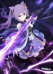  1girl bangs bare_shoulders black_gloves black_legwear detached_sleeves dress eyebrows_visible_through_hair genshin_impact gloves hair_cones hair_ornament hibi_tsuna highres holding holding_sword holding_weapon keqing_(genshin_impact) long_hair looking_at_viewer pantyhose purple_hair solo sword twintails violet_eyes vision_(genshin_impact) weapon 