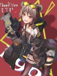  1girl absurdres bangs black_choker black_gloves black_legwear blush breasts brown_dress bullpup choker commentary commission double_bun dress eyebrows_visible_through_hair eyewear_on_head feet_out_of_frame girls_frontline gloves gun hair_ornament hairclip highres holding holding_gun holding_weapon leaning_forward light_brown_hair looking_at_viewer medium_breasts open_mouth p90 p90_(girls&#039;_frontline) pixiv_request r9k1 red_background red_eyes short_hair smile solo standing submachine_gun sunglasses teeth thigh-highs upper_teeth weapon 