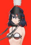  1girl arms_behind_back bdsm black_hair carlo_montie chain_necklace closed_mouth commentary commission english_commentary frown gag gag_removed hair_between_eyes highres kill_la_kill lock looking_at_viewer matoi_ryuuko medium_hair multicolored_hair one_eye_covered red_background redhead silver_bra simple_background solo streaked_hair upper_body 