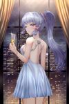  1girl back backless_dress backless_outfit blue_eyes blue_nails breasts city_lights cityscape closed_mouth cup dress flower_knot genshin_impact hair_ribbon highres holding holding_cup kamisato_ayaka long_hair looking_at_viewer looking_back medium_breasts mole mole_under_eye night night_sky pink_ribbon ponytail rayleigh_scale ribbon sideboob silver_dress silver_hair sky smile solo tress_ribbon vision_(genshin_impact) 