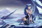  1girl blue_eyes blue_hair cang_yue_(tou_xing_jiuyue_tian) gloves highres ice long_hair looking_at_viewer night shoes sitting solo thigh-highs thighs tou_xing_jiuyue_tian waist_cape white_gloves world_(1257843324) 