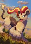  absurdres clouds commentary_request day fangs from_below grass green_eyes highres looking_to_the_side no_humans open_mouth outdoors pokemon pokemon_(creature) pyroar pyroar_(female) signature sky solo standing tanpakuroom tongue 
