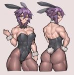  1girl abs absurdres animal_ears artist_name ass ass_visible_through_thighs back bow bowtie breasts cowboy_shot detached_collar fake_animal_ears fake_tail grey_background grey_eyes hair_between_eyes hand_on_hip highres large_breasts leotard looking_at_viewer maya_(roadi3) multiple_views muscular muscular_female original pantyhose purple_hair rabbit_ears rabbit_tail roadi3 scar scar_on_face scar_on_nose short_hair simple_background strapless strapless_leotard symbol-only_commentary tail twitter_username watermark wrist_cuffs 
