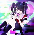  1girl ame-chan_(needy_girl_overdose) black_hair black_nails black_skirt can glitch glitch_censor hair_ornament hair_over_one_eye holding holding_can kneehighs multicolored_nails needy_girl_overdose one_eye_covered red_nails short_sleeves sitting skirt suspender_skirt suspenders tongue tongue_out tsunako twintails twitter_username x_hair_ornament 