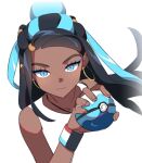  1girl black_hair blue_eyes blue_eyeshadow closed_mouth commentary dark-skinned_female dark_skin dive_ball dynamax_band earrings eyeshadow fingernails hair_bun hand_up holding holding_poke_ball hoop_earrings jewelry long_hair looking_at_viewer makeup multicolored_hair necklace nessa_(pokemon) poke_ball pokemon pokemon_(game) pokemon_swsh shi_mohaji simple_background solo two-tone_hair upper_body white_background 