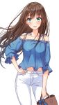  1girl :d bag blue_shirt blush brown_hair collarbone detached_sleeves eyebrows_visible_through_hair floating_hair frilled_sleeves frills green_eyes highres holding holding_bag idolmaster idolmaster_cinderella_girls long_hair looking_at_viewer navel pants round_teeth shibuya_rin shirt simple_background smile solo straight_hair teeth white_background white_pants yukiya_(shiya) 