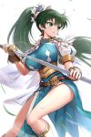  1girl bangs belt blue_dress breasts brown_belt cape commentary_request dress earrings feet_out_of_frame fire_emblem fire_emblem:_the_blazing_blade gonzarez green_eyes green_hair highres holding holding_sword holding_weapon jewelry large_breasts long_hair lyn_(fire_emblem) parted_lips pelvic_curtain ponytail puffy_short_sleeves puffy_sleeves scabbard sheath short_sleeves solo sword thighs unsheathing very_long_hair weapon white_cape 