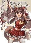  1girl animal_ears armpits arms_up ascot bangs bare_shoulders blush bow brown_background brown_hair collared_shirt commentary_request cross detached_sleeves eyebrows_visible_through_hair eyes_visible_through_hair fang frills gohei grey_legwear hair_between_eyes hair_ornament hair_tubes hakurei_reimu hands_up highres long_hair long_sleeves looking_up miniskirt navel ofuda open_mouth red_bow red_eyes red_shirt red_skirt shirt skirt smile solo standing sweat sweatdrop tail thigh-highs tongue touhou uisu_(noguchipint) v-shaped_eyebrows white_background wide_sleeves wolf_ears wolf_tail yellow_ascot 