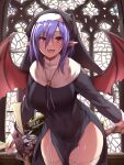  1girl bat_wings blue_hair breasts church light looking_at_viewer medium_hair nun original red_eyes shade sword thigh_strap thighs weapon wings yoshikawa_hideaki 