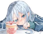  1girl absurdres bangs blue_eyes blue_jacket blurry blush cup_noodle depth_of_field empty_eyes english_text eyelashes hair_flowing_over hair_over_eyes half-closed_eyes head_rest highres jacket long_hair long_sleeves looking_afar messy_hair parted_lips pov_across_table product_placement project_sekai ramen simple_background sleepy solo track_jacket tsune_(tune) white_background yoisaki_kanade 