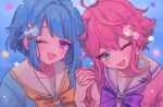  2girls 382 :d blue_hair blue_nails ensemble_stars! green_eyes hair_ornament himemiya_touri holding_hands multiple_girls one_eye_closed open_mouth pink_hair pink_nails shino_hajime smile star_(symbol) tagme twintails violet_eyes 