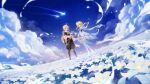  1boy 1girl aether_(genshin_impact) ahoge bare_shoulders blonde_hair braid brother_and_sister clouds cloudy_sky detached_sleeves dress earrings field flower flower_field genshin_impact hair_flower hair_ornament highres jewelry lumine_(genshin_impact) official_art scarf shooting_star short_hair_with_long_locks short_sleeves siblings single_braid single_earring sky white_dress white_legwear white_scarf yellow_eyes 