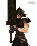  1boy armor baggy_pants belt black_hair buster_sword closed_eyes earrings final_fantasy final_fantasy_vii final_fantasy_vii_remake gloves highres holding holding_sword holding_weapon jewelry ldawb medium_hair multiple_belts muscular muscular_male pants scar scar_on_cheek scar_on_face shoulder_armor sideburns single_earring sleeveless sleeveless_turtleneck solo spiky_hair suspenders sword turtleneck upper_body weapon white_background zack_fair 