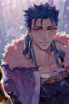  1boy blue_hair closed_mouth collarbone cu_chulainn_(caster)_(fate) cu_chulainn_(fate) earrings fate/grand_order fate_(series) fur-trimmed_hood fur_trim heqanim highres hood hood_down jewelry korean_commentary long_hair looking_at_viewer male_focus red_eyes skin_tight slit_pupils smile solo spiky_hair twitter_username 