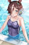 1girl :o absurdres animal_ears bangs blue_swimsuit breasts brown_hair hair_over_one_eye highres horse_ears horse_girl horse_tail looking_at_viewer one-piece_swimsuit open_mouth pool poolside school_swimsuit short_hair small_breasts solo swimsuit tail umamusume vodka_(umamusume) water wet yellow_eyes yuunamida_uyu 