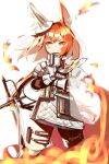  1girl animal_ears arknights crossed_arms fire flametail_(arknights) gauntlets hellnyaa padded_armor redhead smile squirrel_ears squirrel_tail sword tail thigh_pouch weapon white_background 