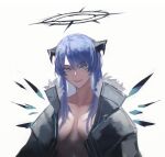  1girl aqua_eyes arknights bangs black_jacket blue_hair breasts collarbone eyebrows_visible_through_hair fur-trimmed_jacket fur_trim halo highres horns jacket long_hair looking_at_viewer medium_breasts mostima_(arknights) open_clothes open_jacket open_mouth rhine_(overtonerhine) smile solo upper_body white_background 
