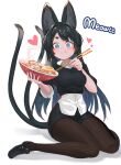  1girl :3 absurdres animal_ears bangs black_footwear black_hair black_legwear black_shorts black_sweater blue_eyes blush bowl breasts cat_ears cat_girl chopsticks collared_shirt cropped_sweater dress_shirt eating eyebrows_visible_through_hair food full_body full_mouth heart highres holding holding_bowl loafers long_hair looking_at_viewer medium_breasts noodles orangefox original pantyhose ramen ranguage shirt shoes short_shorts shorts simple_background sitting slit_pupils solo sweater thick_eyebrows thighs twintails untucked_shirt very_long_hair wariza white_shirt wing_collar 