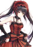  1girl absurdres bangs bare_shoulders black_hair black_hairband black_sleeves bow breasts closed_mouth collarbone date_a_live detached_sleeves dress eyebrows_visible_through_hair frilled_hairband frills hairband heterochromia highres kiri_celea long_hair long_sleeves medium_breasts red_bow red_dress red_eyes red_ribbon ribbon signature simple_background sleeveless sleeveless_dress sleeves_past_wrists smile solo striped striped_bow tokisaki_kurumi twintails very_long_hair white_background yellow_eyes 