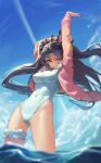  1girl ;) absurdres arms_up ass_visible_through_thighs black_hair blue_sky breasts closed_mouth competition_swimsuit contrail covered_navel day fate/grand_order fate_(series) highres impossible_clothes impossible_swimsuit ishtar_(fate) ishtar_(swimsuit_rider)_(fate) jacket jaws_(okdol0928) large_breasts leg_garter long_hair long_sleeves looking_at_viewer one-piece_swimsuit one_eye_closed open_clothes open_jacket outdoors pink_jacket red_eyes sky smile solo standing stretch sweater swimsuit v-shaped_eyebrows very_long_hair wading water white_sweater 